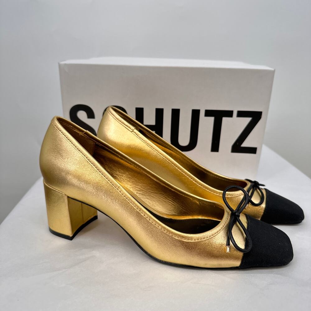 SCHUTZ New in Box Arissa Block Cap Toe Heel in Black & Gold // 8.5 - Picture 2 of 12